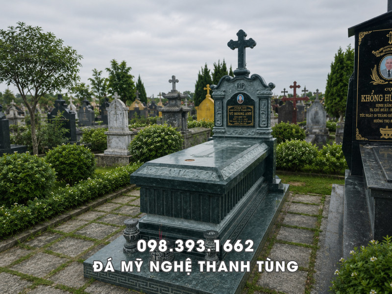 Mộ công giáo đẹp - Mẫu Mộ đá Công giáo đá xanh rêu 4 Mộ công giáo đẹp - Mẫu Mộ đá Công giáo đá xanh rêu